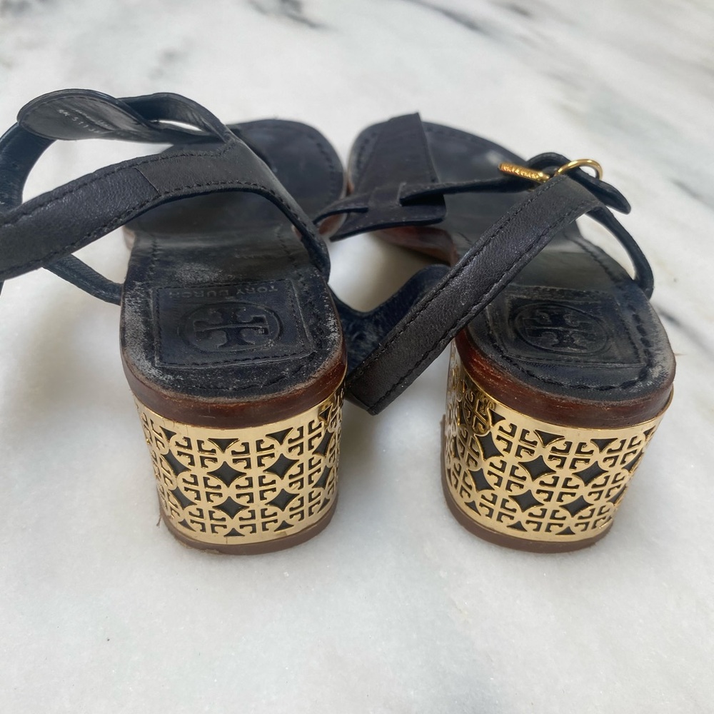 Tory Burch Navy leather sandals with gold logo heel size 7